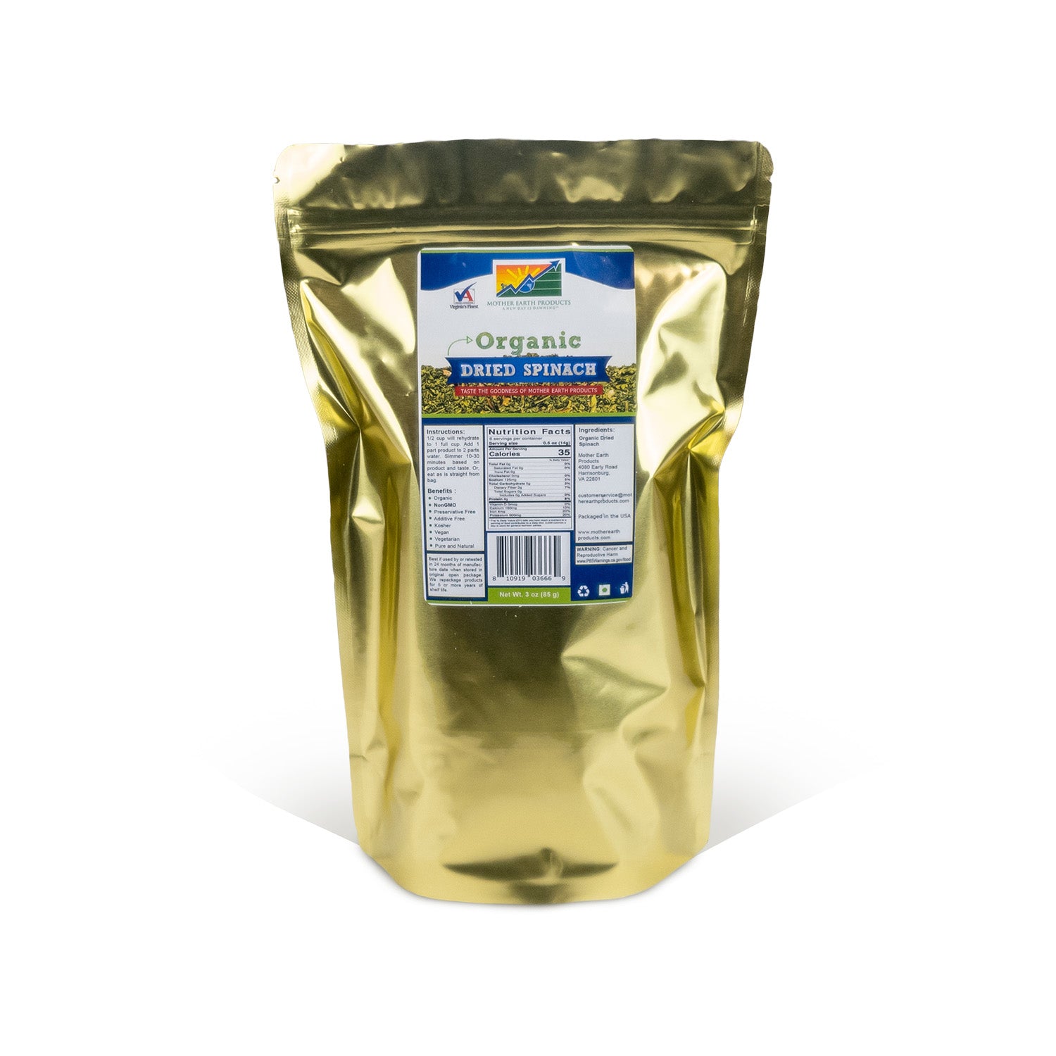 Organic Dried Spinach Quart Mylar